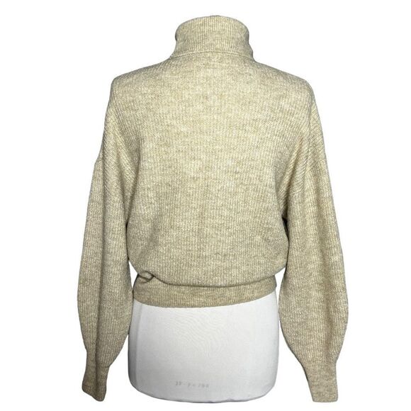 H&M Ladies Cropped Ballon Sleeve Turtleneck Sweater Oatmeal Heather Stretch Knit - Picture 4 of 6